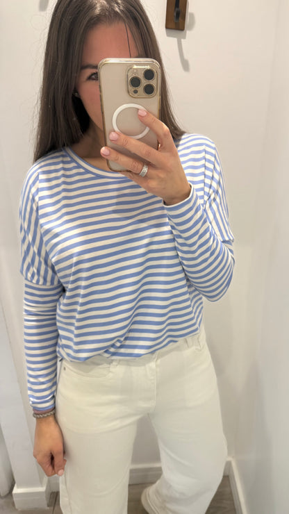 POWDER BLUE & WHITE BRETON STRIPE BATWING TOP