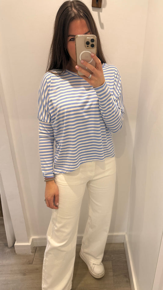 POWDER BLUE & WHITE BRETON STRIPE BATWING TOP