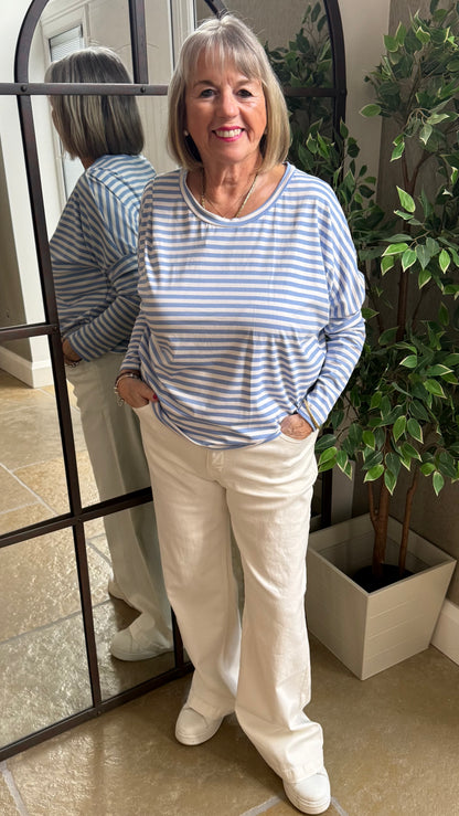 POWDER BLUE & WHITE BRETON STRIPE BATWING TOP