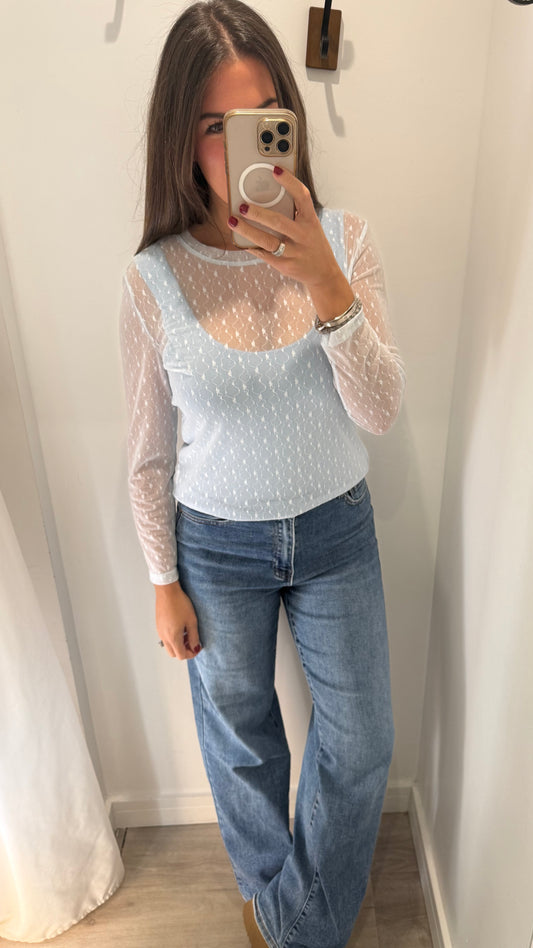 POWDER BLUE SHEER FLORAL TEXTURE TOP