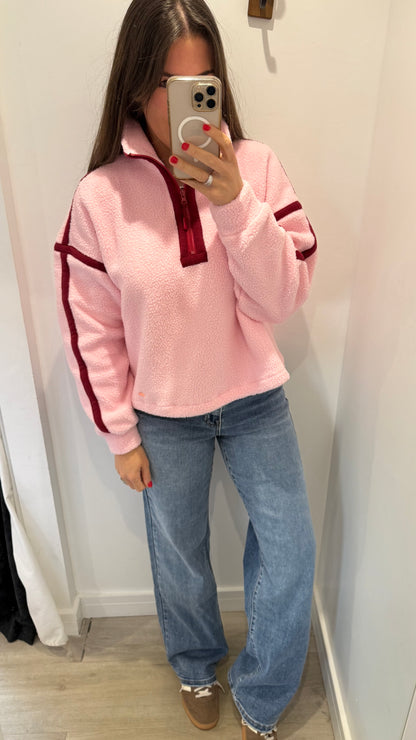 PINK FLEECE WITH BURGUNDY STITCHING