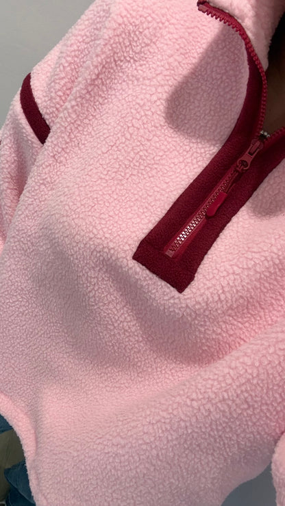 PINK FLEECE WITH BURGUNDY STITCHING