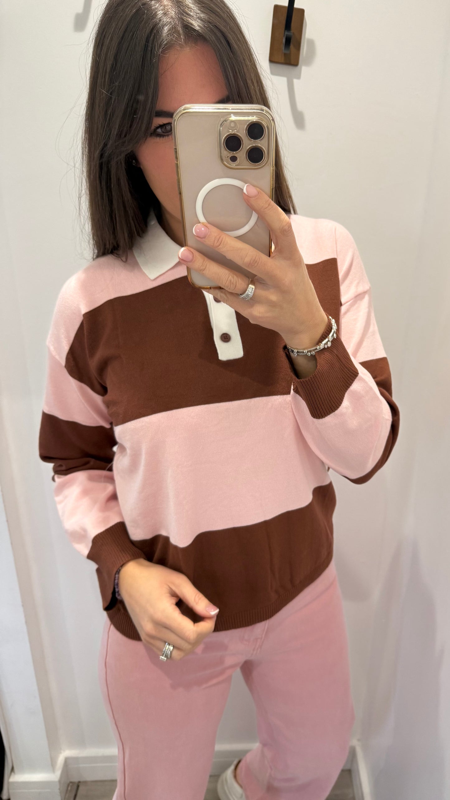 PINK & BROWN STRIPE COLLARED KNIT