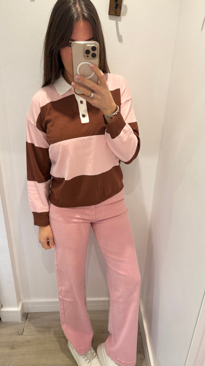 PINK & BROWN STRIPE COLLARED KNIT