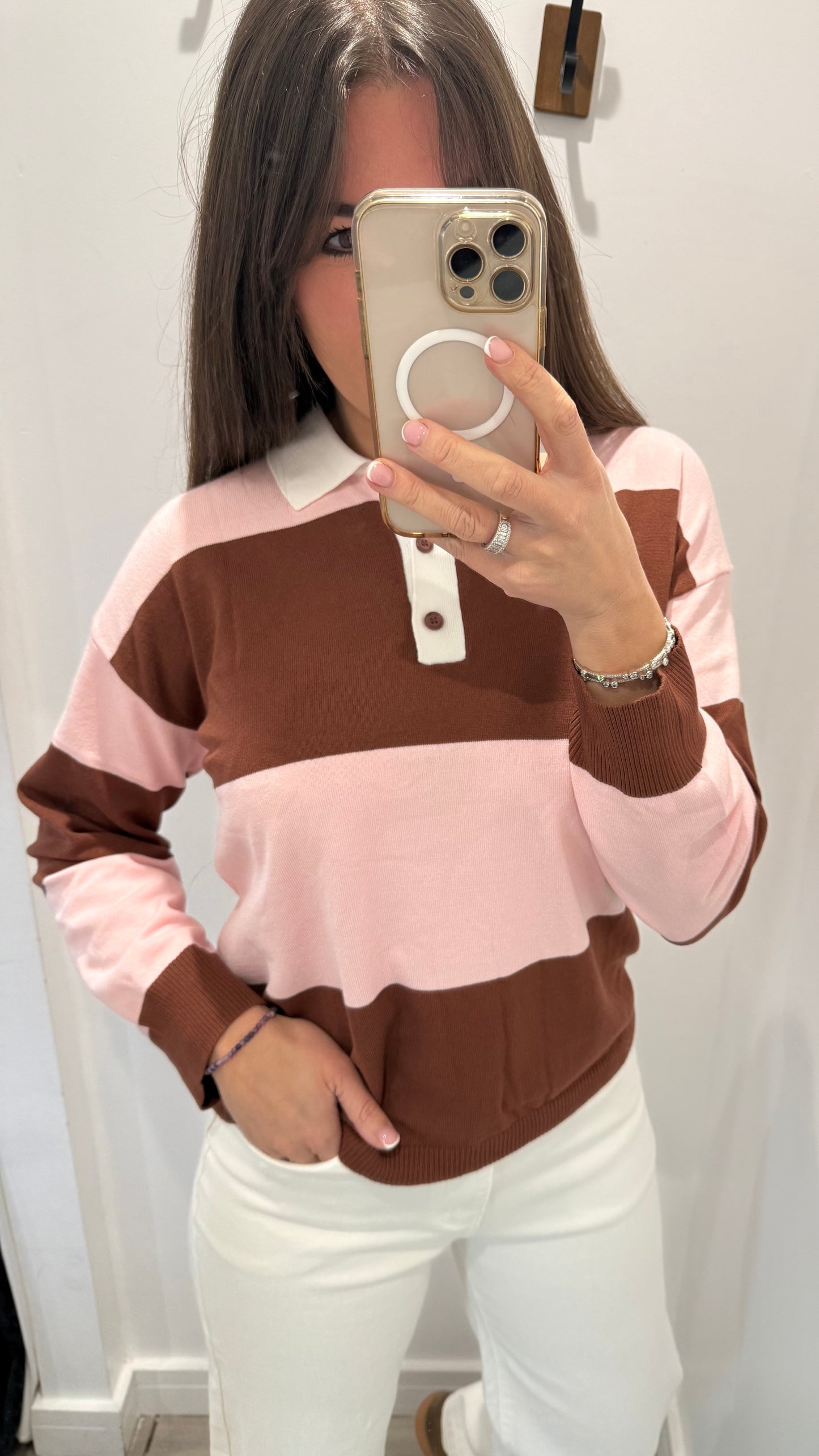 PINK & BROWN STRIPE COLLARED KNIT