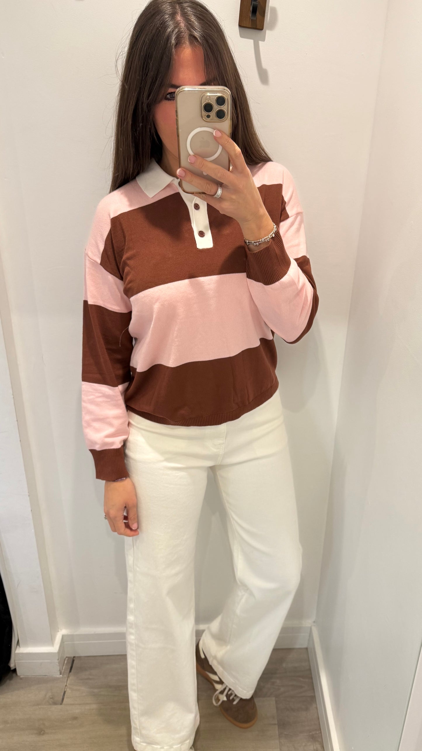 PINK & BROWN STRIPE COLLARED KNIT
