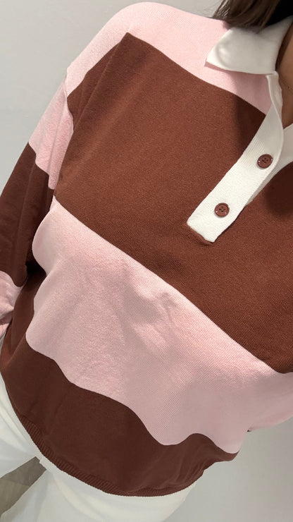 PINK & BROWN STRIPE COLLARED KNIT