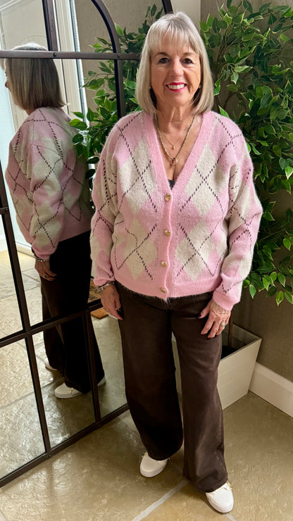 PINK AND CREAM ARGYLE CARDIGAN WITH GOLD BUTTONS