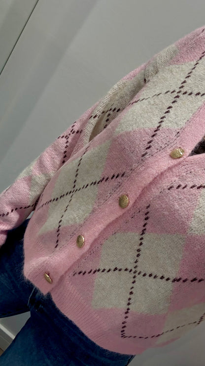 PINK AND CREAM ARGYLE CARDIGAN WITH GOLD BUTTONS