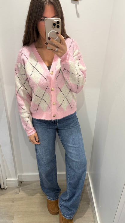 PINK AND CREAM ARGYLE CARDIGAN WITH GOLD BUTTONS