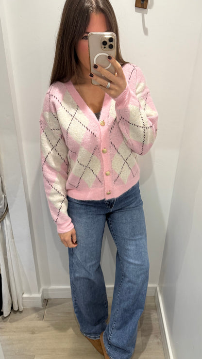 PINK AND CREAM ARGYLE CARDIGAN WITH GOLD BUTTONS