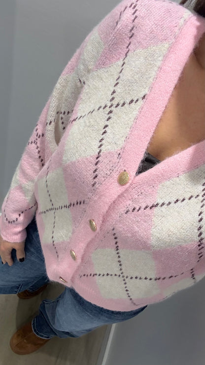 PINK AND CREAM ARGYLE CARDIGAN WITH GOLD BUTTONS