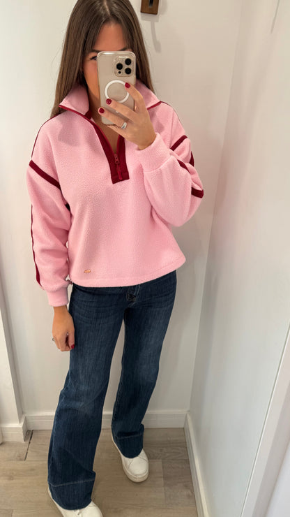 PINK FLEECE WITH BURGUNDY STITCHING