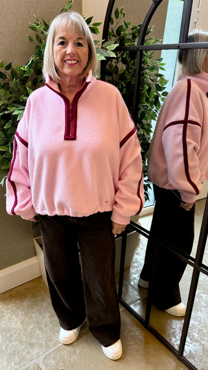 PINK FLEECE WITH BURGUNDY STITCHING