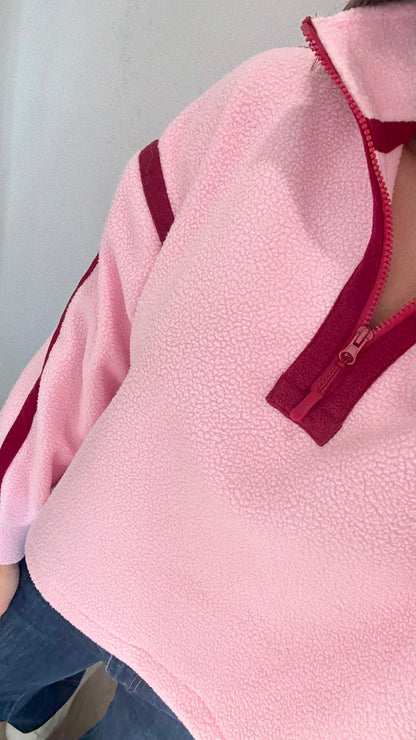 PINK FLEECE WITH BURGUNDY STITCHING