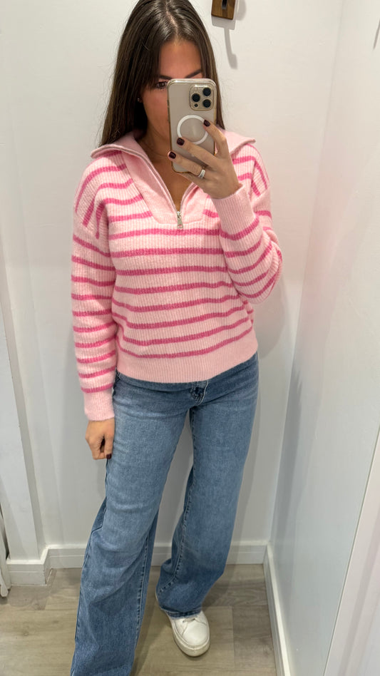 PINK STRIPE HALF ZIP JUMPER