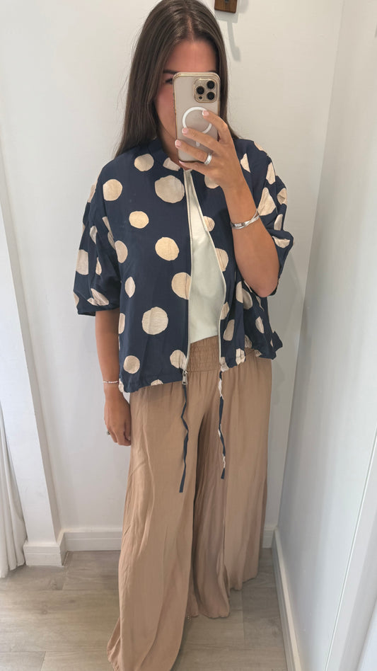 POLKA DOT SILKY BOMBER JACKET - NAVY