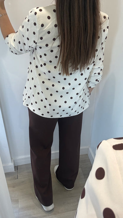 POLKA DOT RUCHED SLEEVE BLAZER – CREAM WITH BROWN DOTS