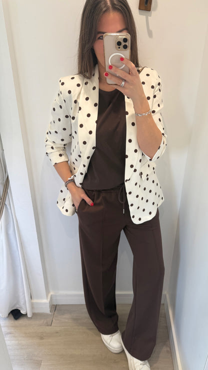 POLKA DOT RUCHED SLEEVE BLAZER – CREAM WITH BROWN DOTS