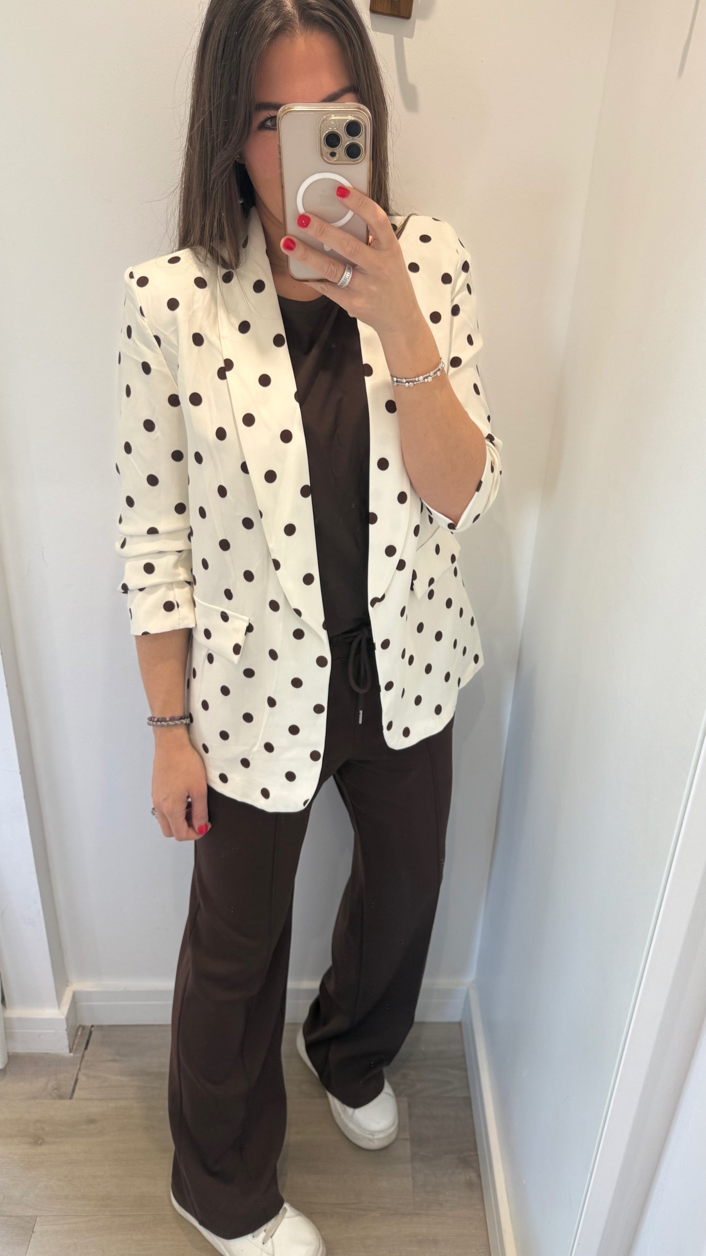 POLKA DOT RUCHED SLEEVE BLAZER – CREAM WITH BROWN DOTS