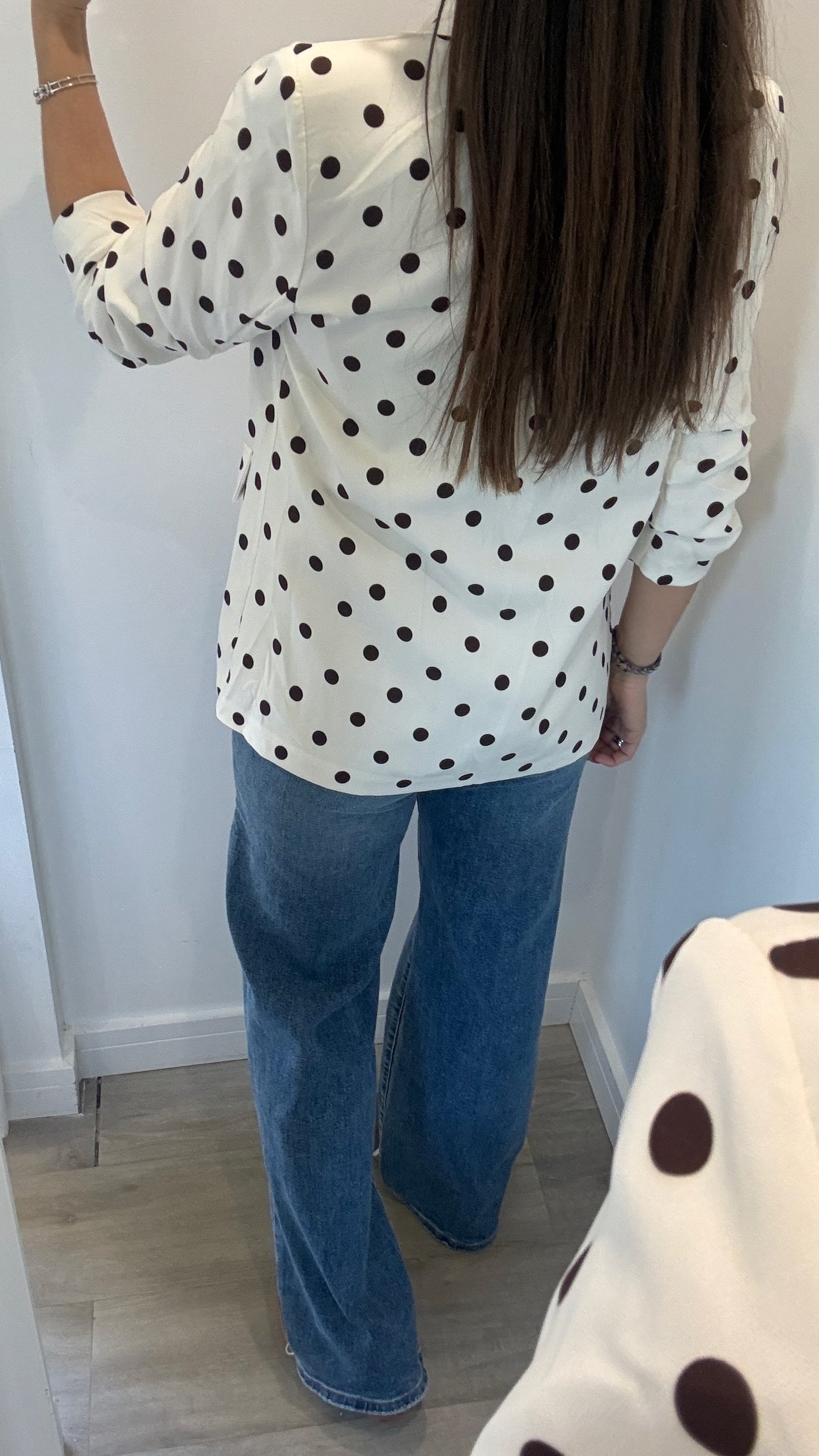 POLKA DOT RUCHED SLEEVE BLAZER – CREAM WITH BROWN DOTS