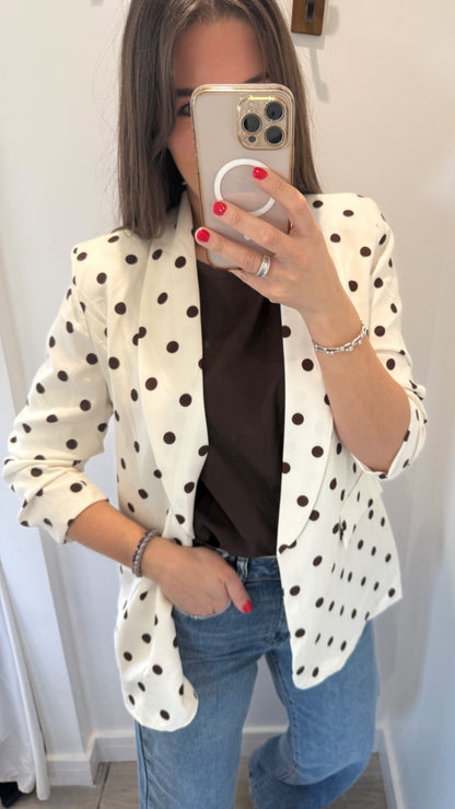 POLKA DOT RUCHED SLEEVE BLAZER – CREAM WITH BROWN DOTS