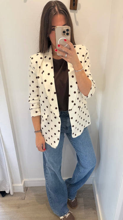 POLKA DOT RUCHED SLEEVE BLAZER – CREAM WITH BROWN DOTS