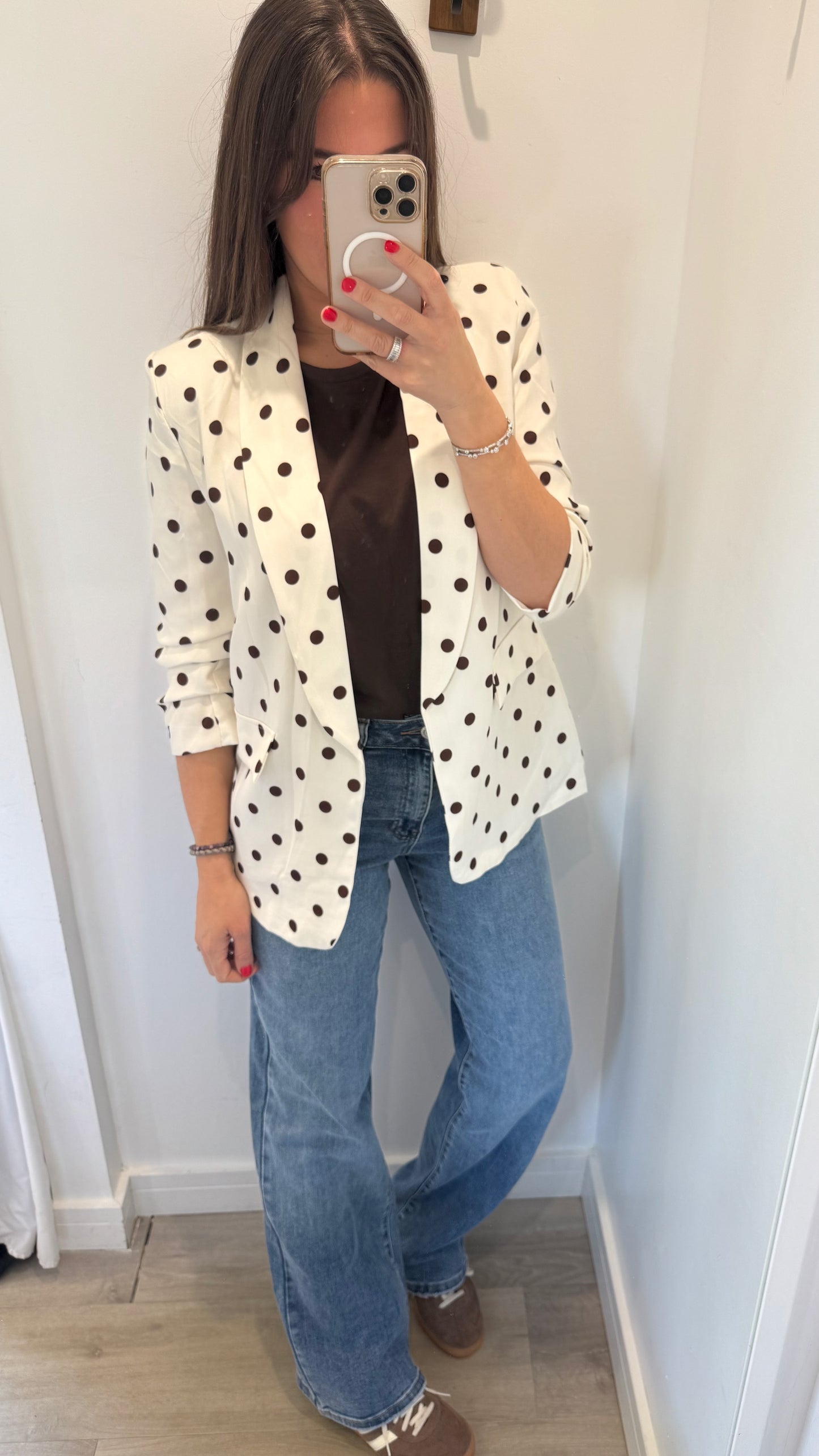 POLKA DOT RUCHED SLEEVE BLAZER – CREAM WITH BROWN DOTS