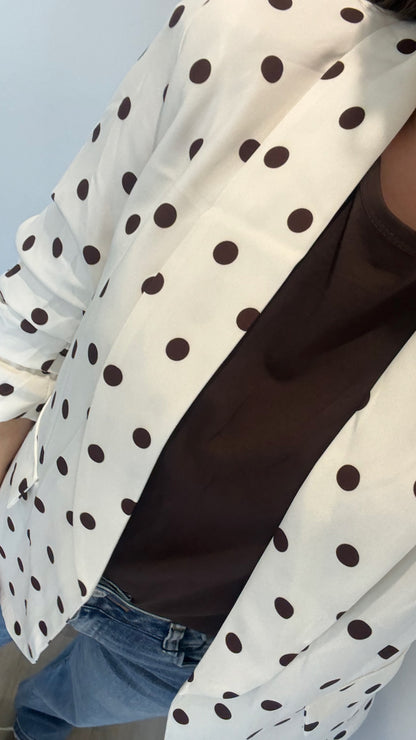 POLKA DOT RUCHED SLEEVE BLAZER – CREAM WITH BROWN DOTS