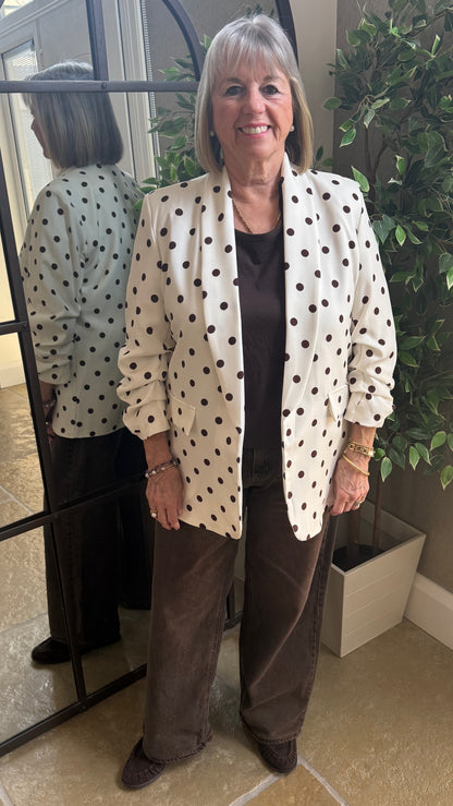 POLKA DOT RUCHED SLEEVE BLAZER – CREAM WITH BROWN DOTS