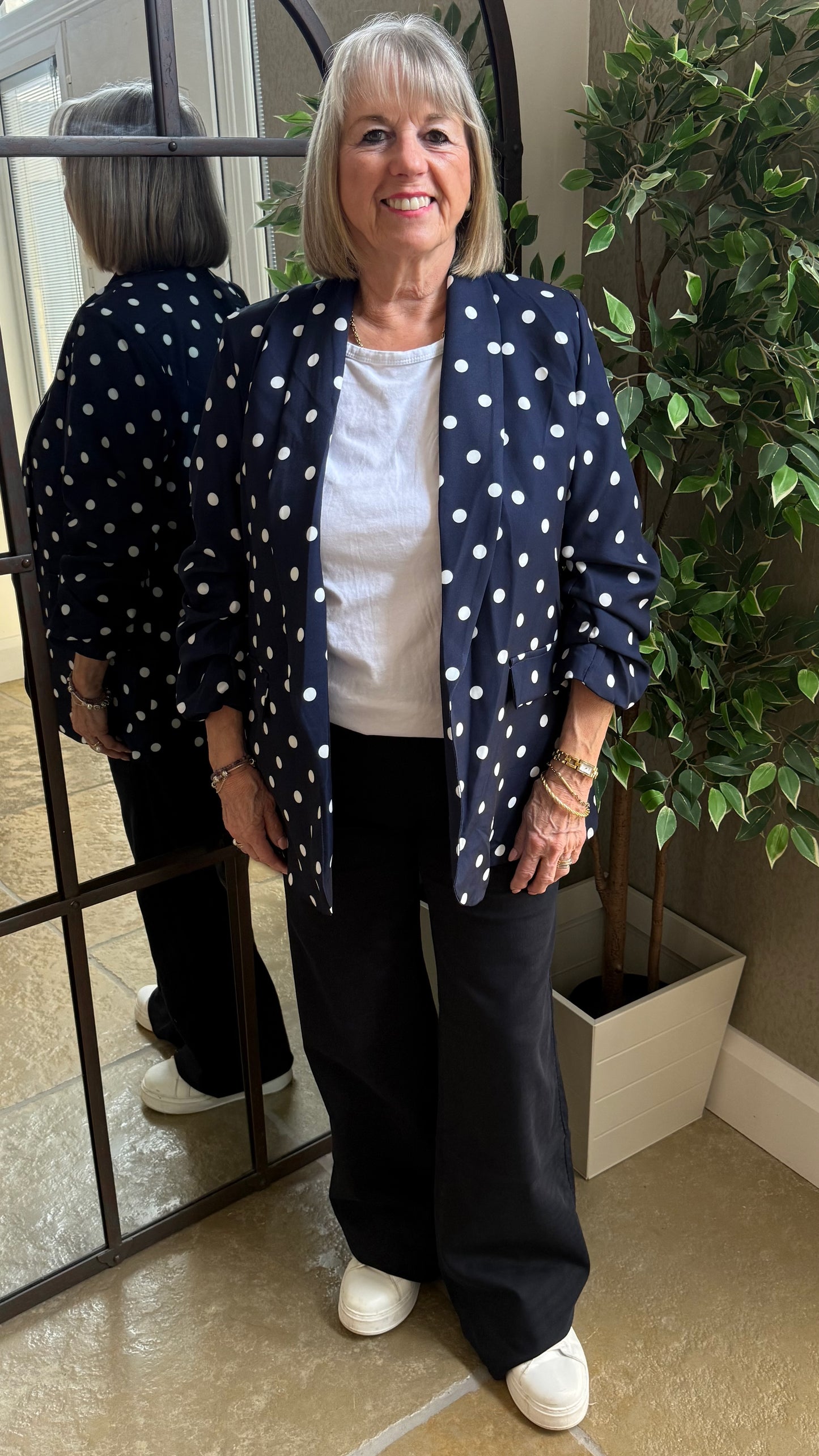 POLKA DOT RUCHED SLEEVE BLAZER - NAVY WITH WHITE DOTS