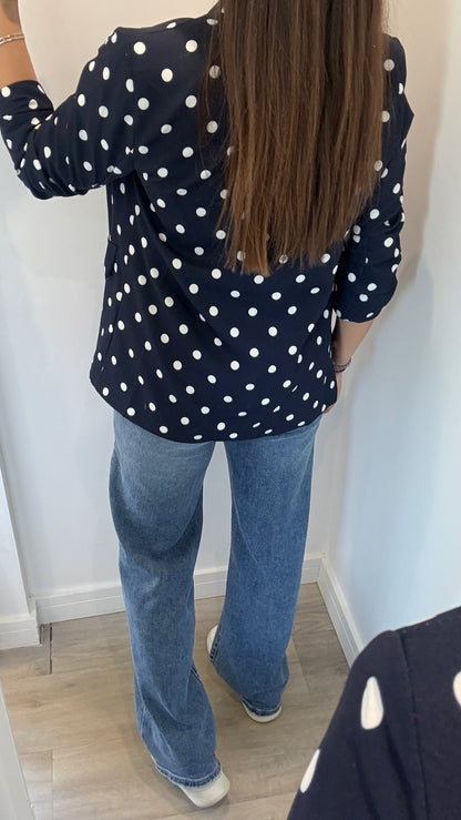 POLKA DOT RUCHED SLEEVE BLAZER - NAVY WITH WHITE DOTS