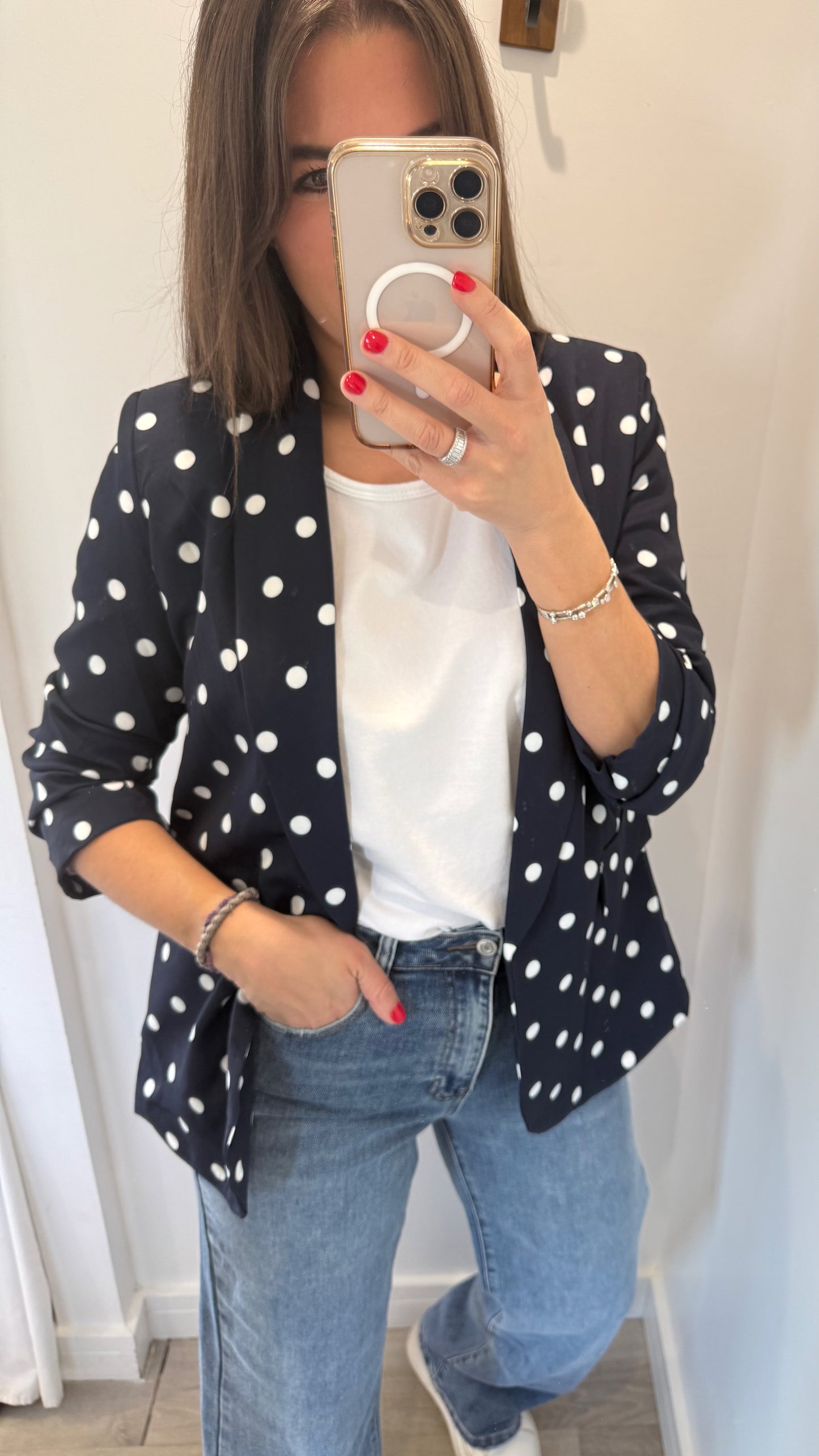 POLKA DOT RUCHED SLEEVE BLAZER - NAVY WITH WHITE DOTS