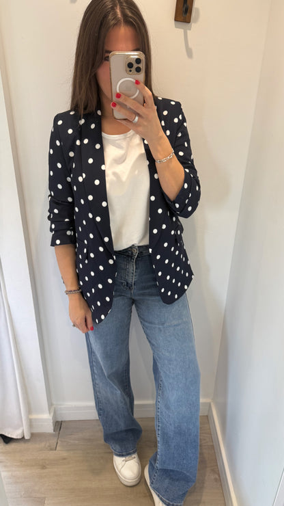 POLKA DOT RUCHED SLEEVE BLAZER - NAVY WITH WHITE DOTS