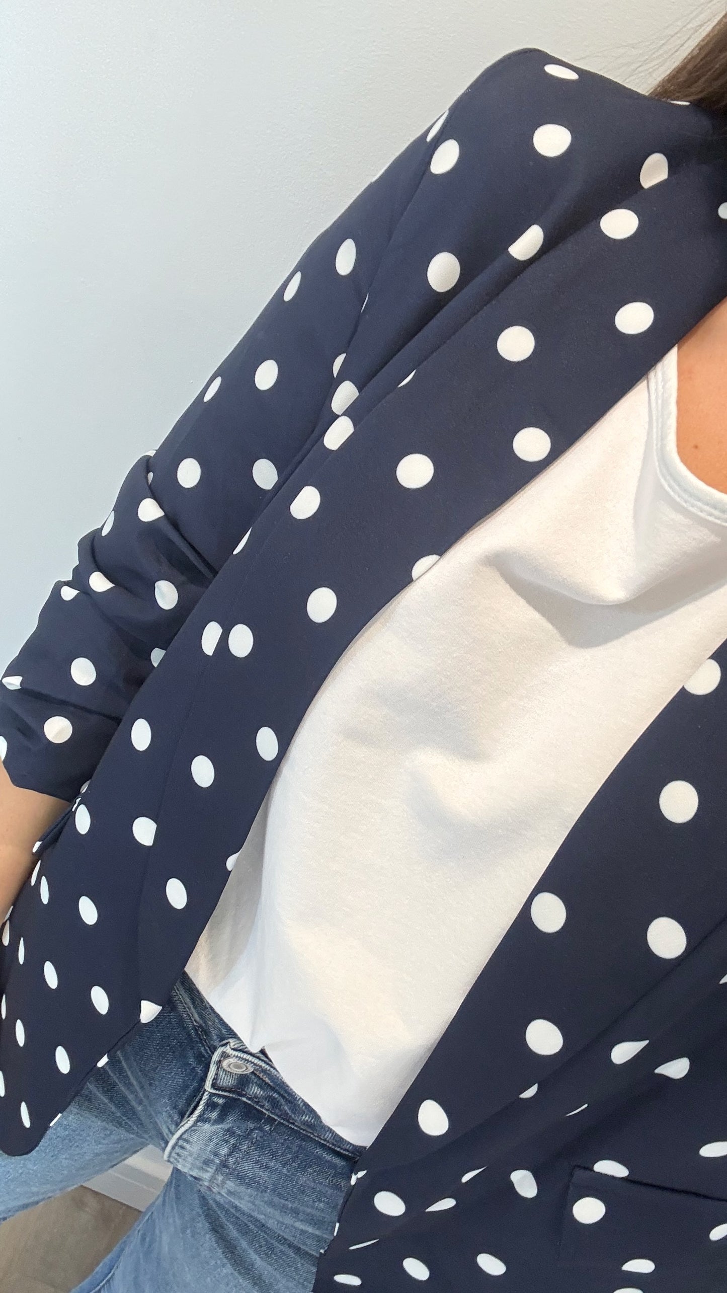POLKA DOT RUCHED SLEEVE BLAZER - NAVY WITH WHITE DOTS