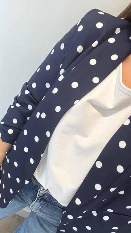 POLKA DOT RUCHED SLEEVE BLAZER - NAVY WITH WHITE DOTS