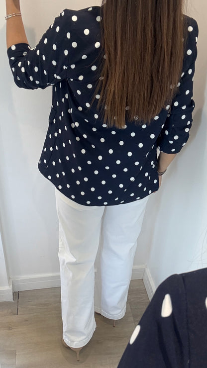 POLKA DOT RUCHED SLEEVE BLAZER - NAVY WITH WHITE DOTS
