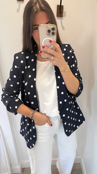 POLKA DOT RUCHED SLEEVE BLAZER - NAVY WITH WHITE DOTS