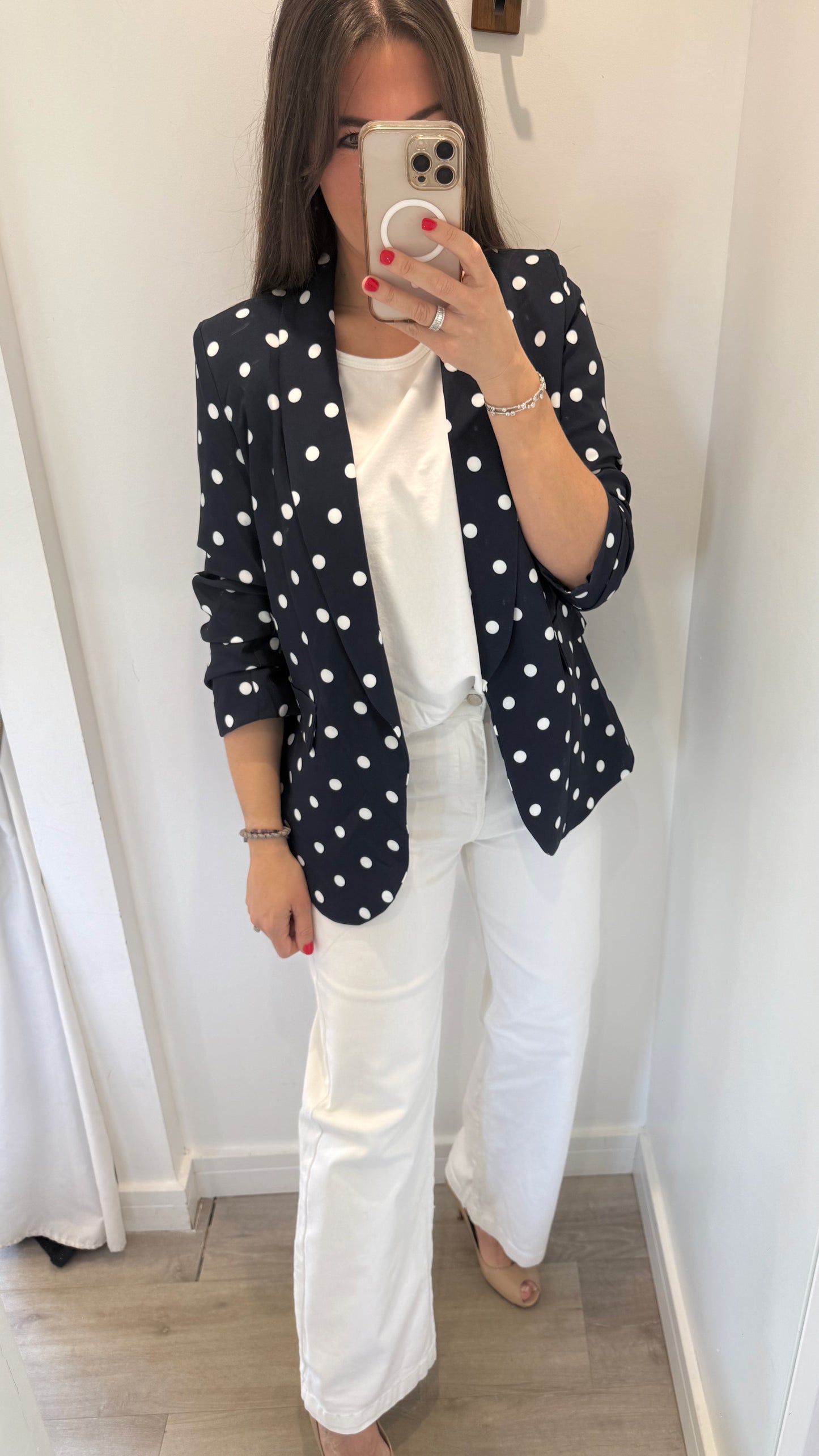 POLKA DOT RUCHED SLEEVE BLAZER - NAVY WITH WHITE DOTS