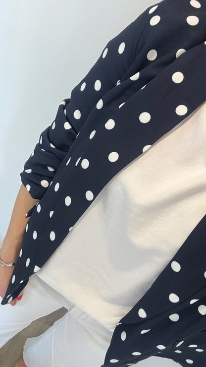 POLKA DOT RUCHED SLEEVE BLAZER - NAVY WITH WHITE DOTS