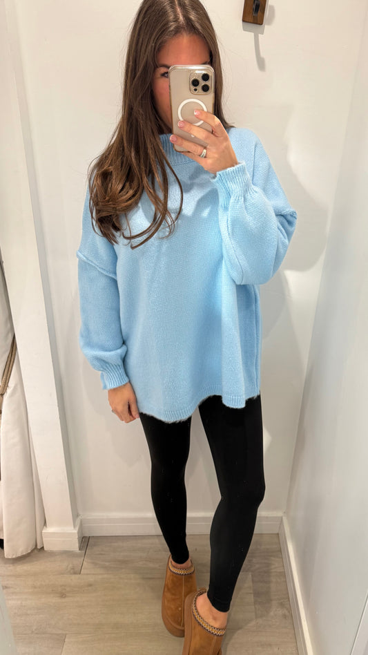 POWDER BLUE EXPOSED SEAM TURTLENECK KNIT JUMPER