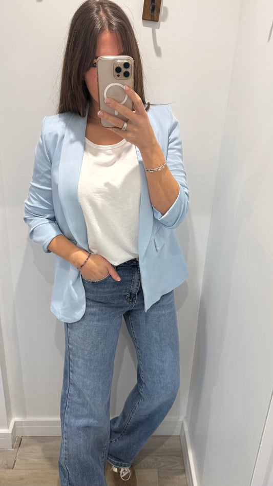 POWDER BLUE RUCHED SLEEVE BLAZER