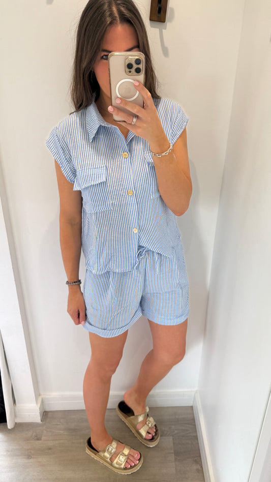 POWDER BLUE STRIPE SHORT SET