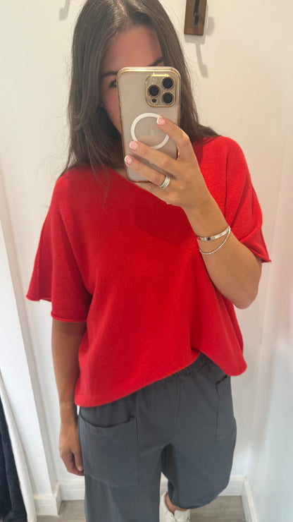 RED V-NECK SHORT SLEEVE KNIT