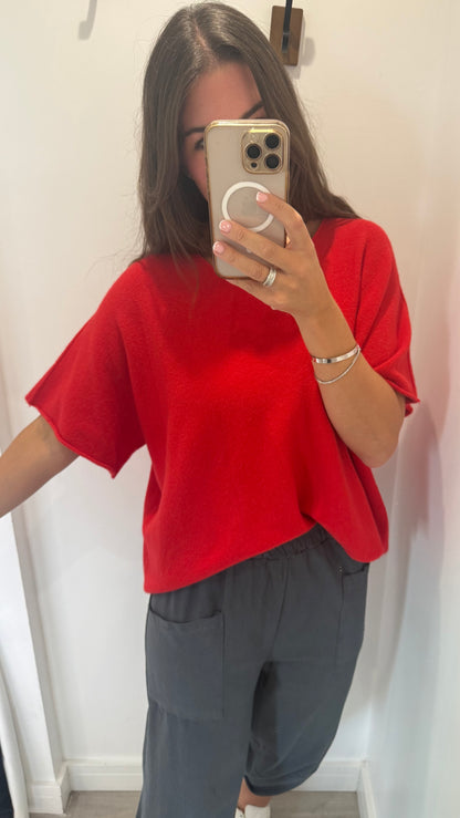 RED V-NECK SHORT SLEEVE KNIT
