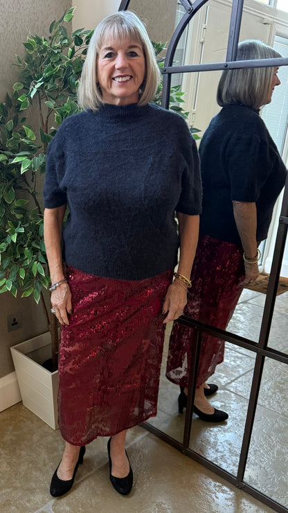 RED SEQUIN MIDI SKIRT
