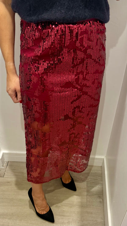 RED SEQUIN MIDI SKIRT