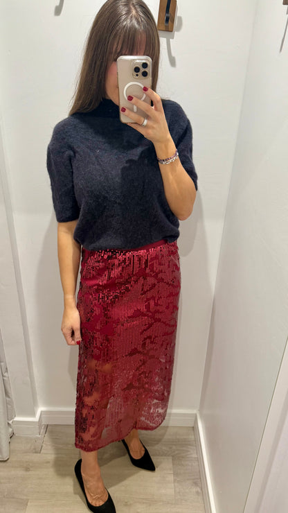 RED SEQUIN MIDI SKIRT