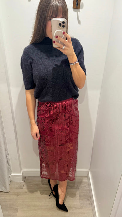 RED SEQUIN MIDI SKIRT