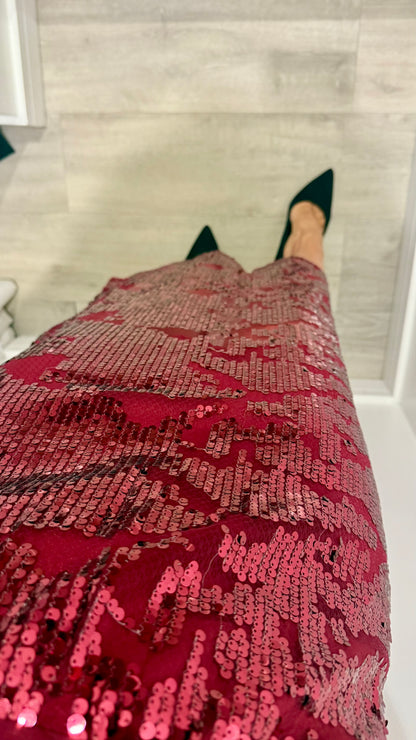 RED SEQUIN MIDI SKIRT